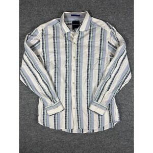 Tommy Bahama Shirt Mens Large White Blue Green Stripe Cotton Silk Button Up